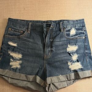 Aeropostale Distressed Roll-Cuff Jean Shorts — Blue